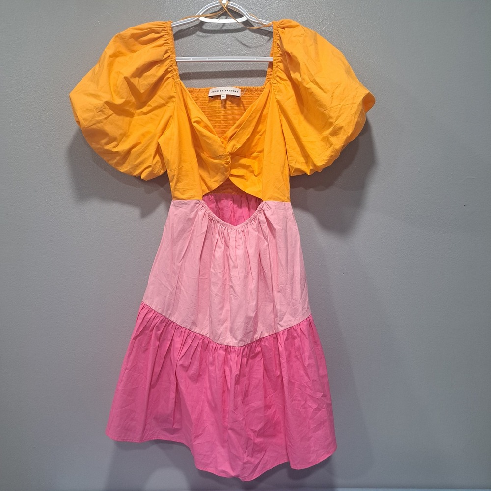 English Factory Real Real XS Colorblock Cutout Mini Dress Puff Sleeve Boho Sun